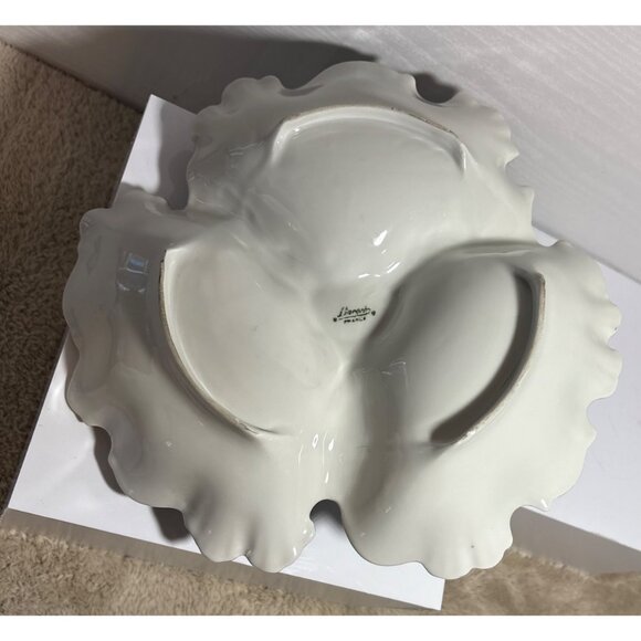 Limoges France Handled Divided Dish Blue Porcelain 11" Gold Trim Scalloped Edge - Picture 8 of 9